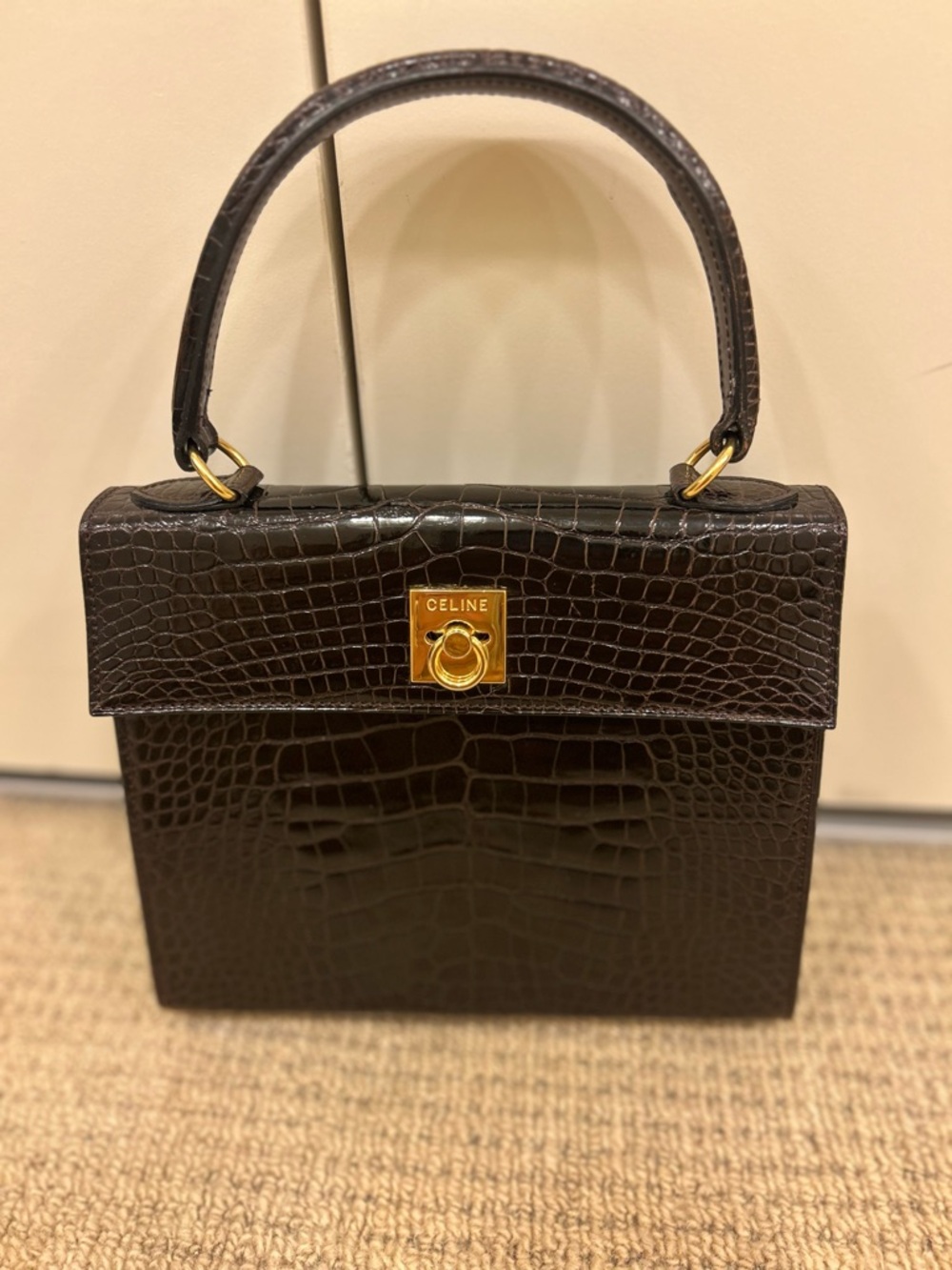 Vtg Celine logo ring dark brown Croc-Embossed exotic skin Top Handle Bag purse - Picture 4 of 16